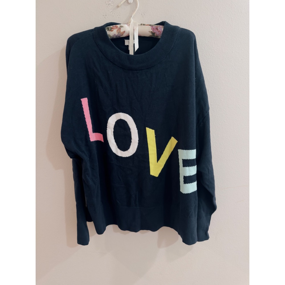 Crown & Ivy Navy Blue LOVE Graphic Knit Sweater Petite XL NWT Pride